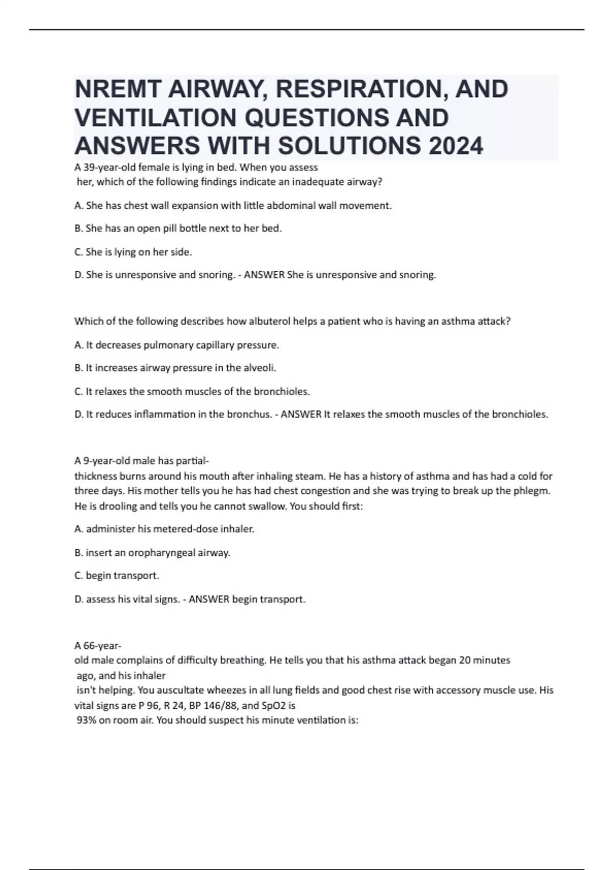 NREMT AIRWAY, RESPIRATION, AND VENTILATION QUESTIONS AND ANSWERS WITH SOLUTIONS 2024 - NREMT ...
