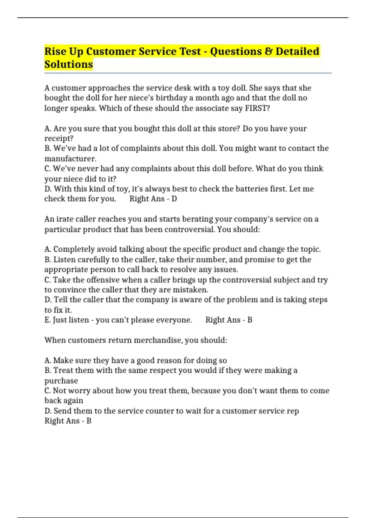 Customer Service Ticket Rises Rise Up Customer Service Test - Questions & Detailed Solutions - NRF ...