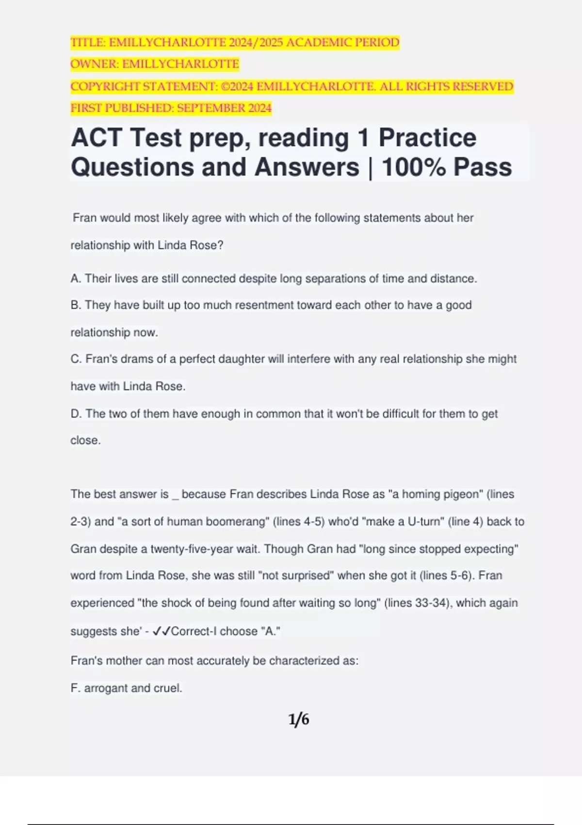 ACT Test prep, reading 1 Practice Questions and Answers | 100% Pass ...