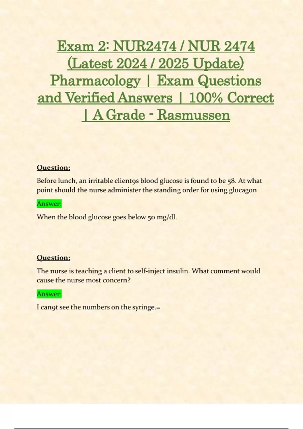Exam 2 Nur2474 Nur 2474 Latest 2024 2025 Update Pharmacology For