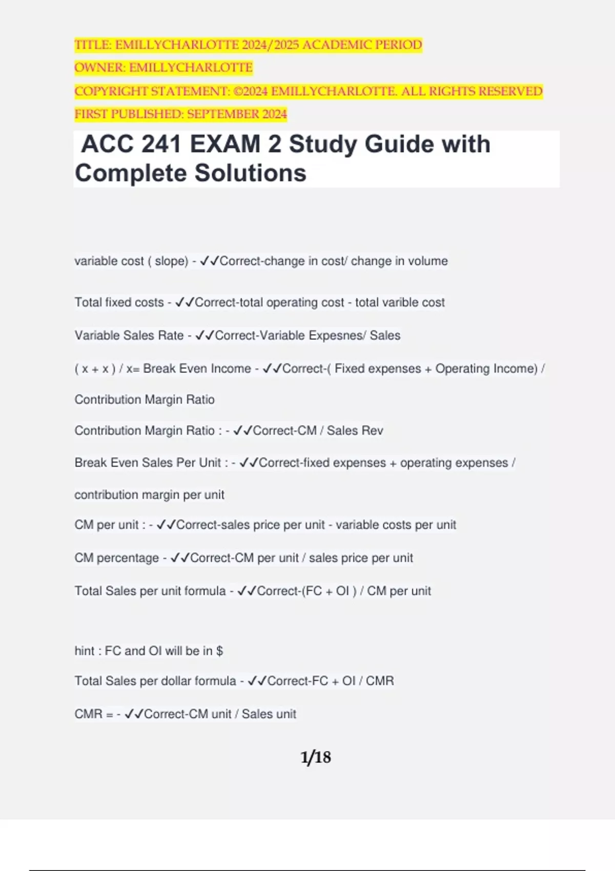 ACC 241 EXAM 2 Study Guide with Complete Solutions - ACC 241 - Stuvia US