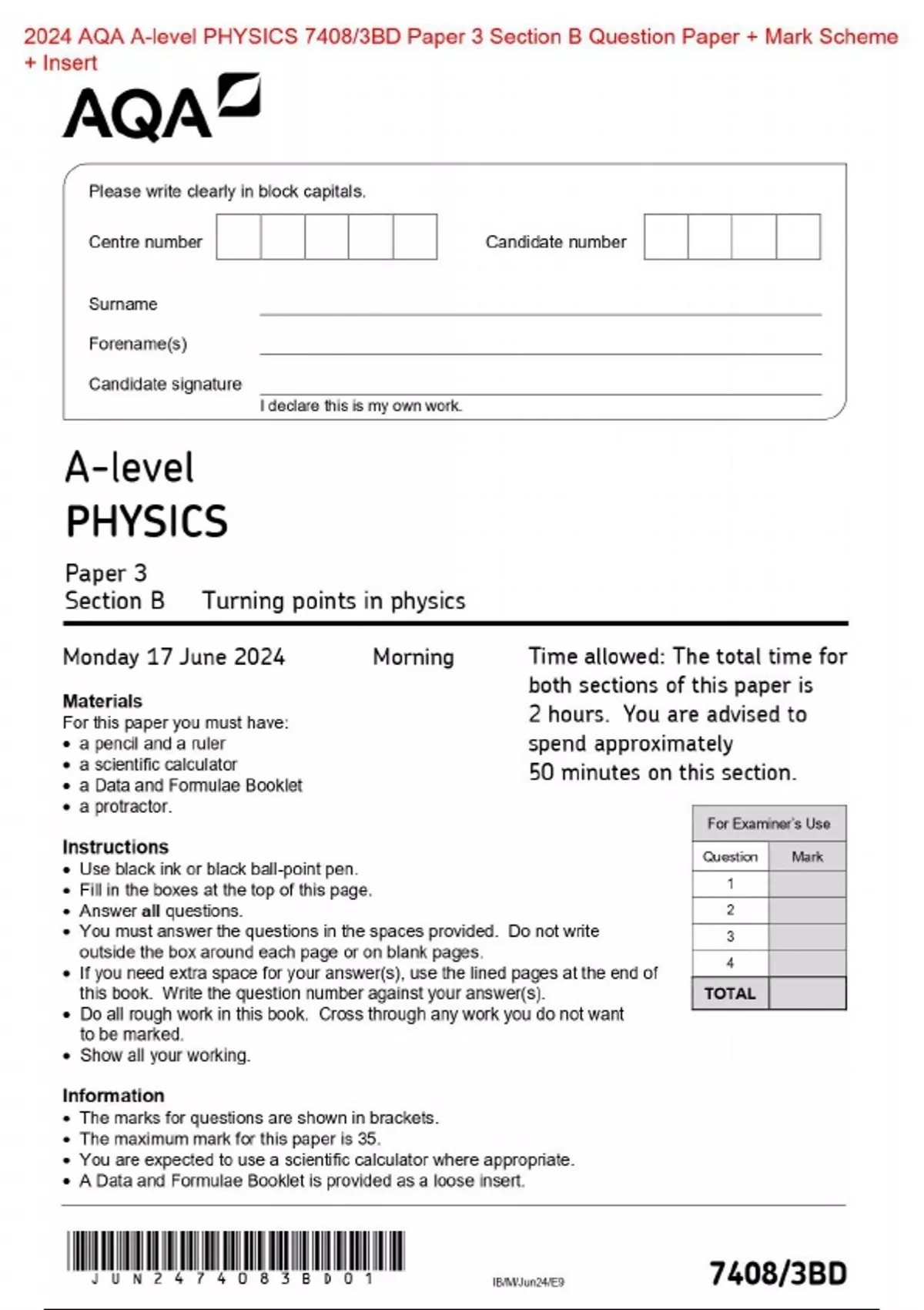 Actual 2024 AQA A-level PHYSICS 7408/3BD Paper 3 Section B Turning ...