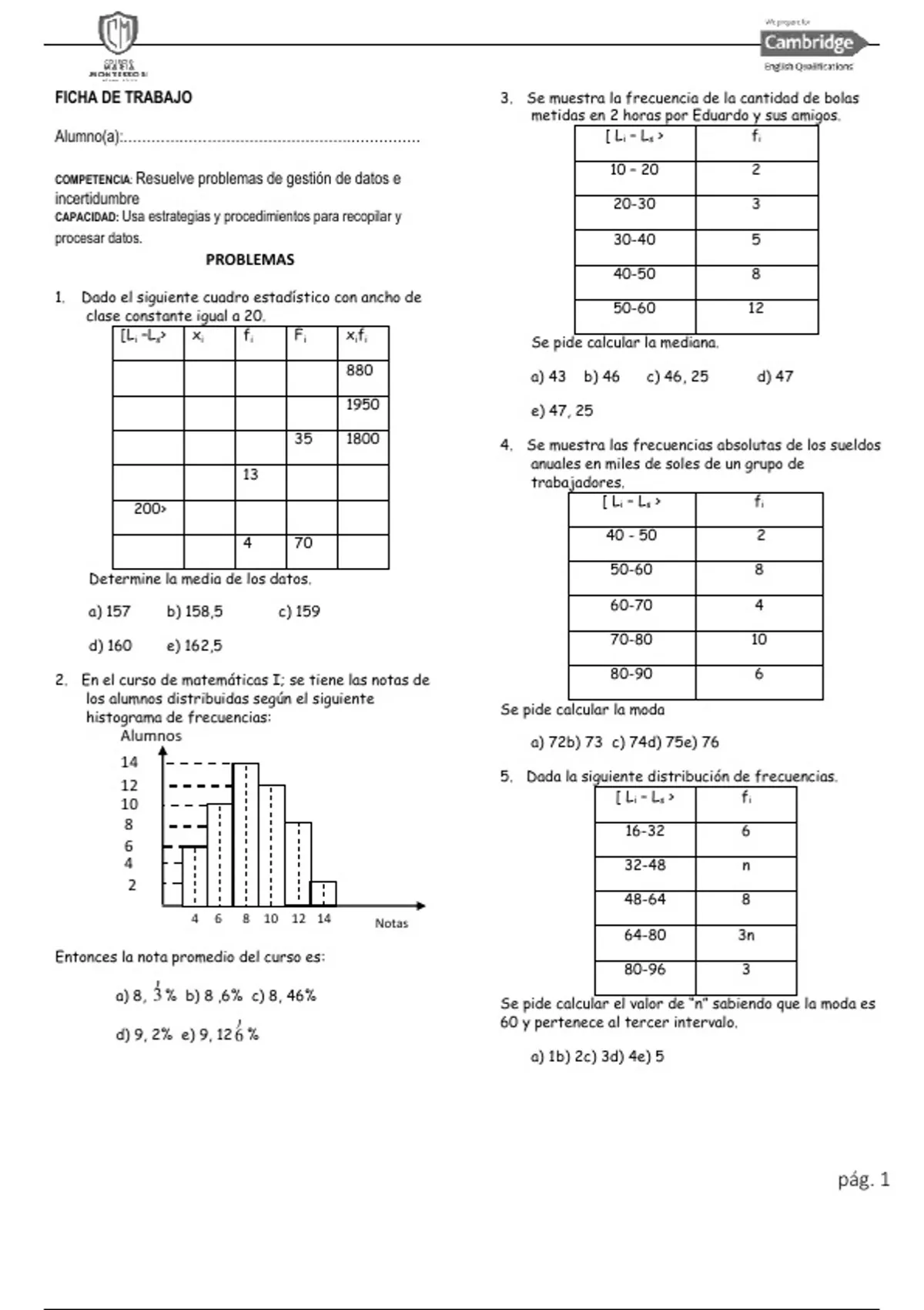tabla de frecuencias( moda , media , mediana) - Matematicas - Stuvia ES
