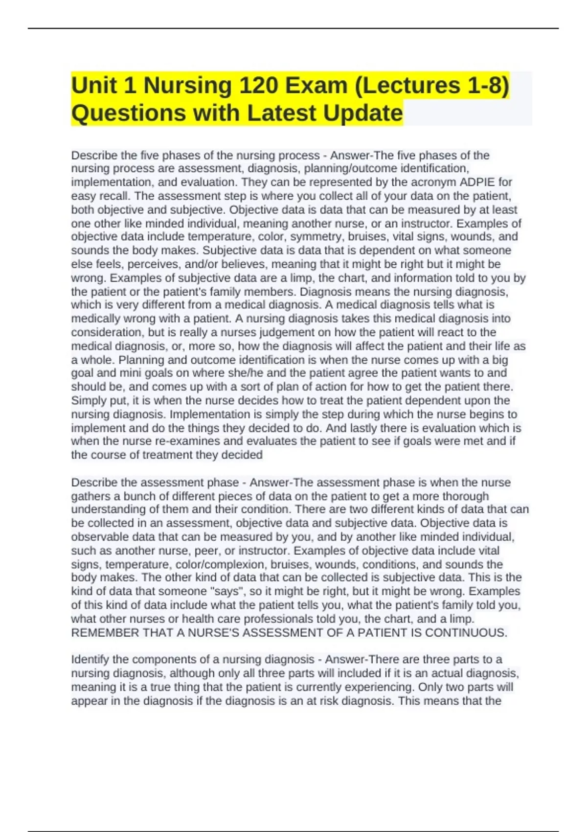 Unit 1 Nursing 120 Exam (Lectures 1-8) Questions with Latest Update ...