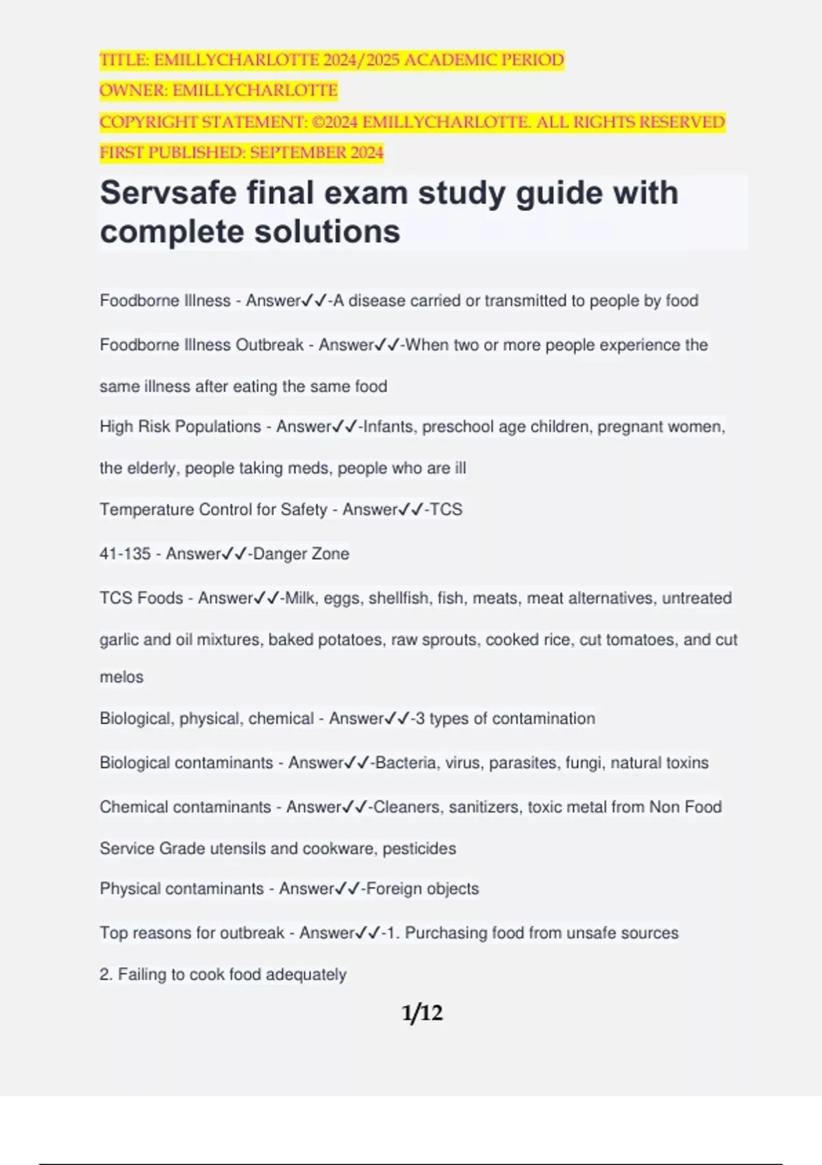 Servsafe final exam study guide with complete solutions ServSafe