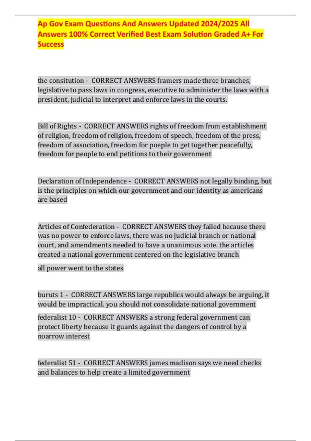 Ap Gov Test Example Questions Ap Govt Exam Questions And Answers Updated 2024/2025 All Answers 100% ...