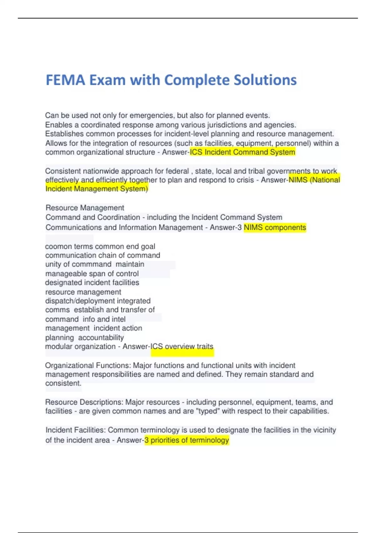FEMA Exam with Complete Solutions - FEMA - Stuvia US