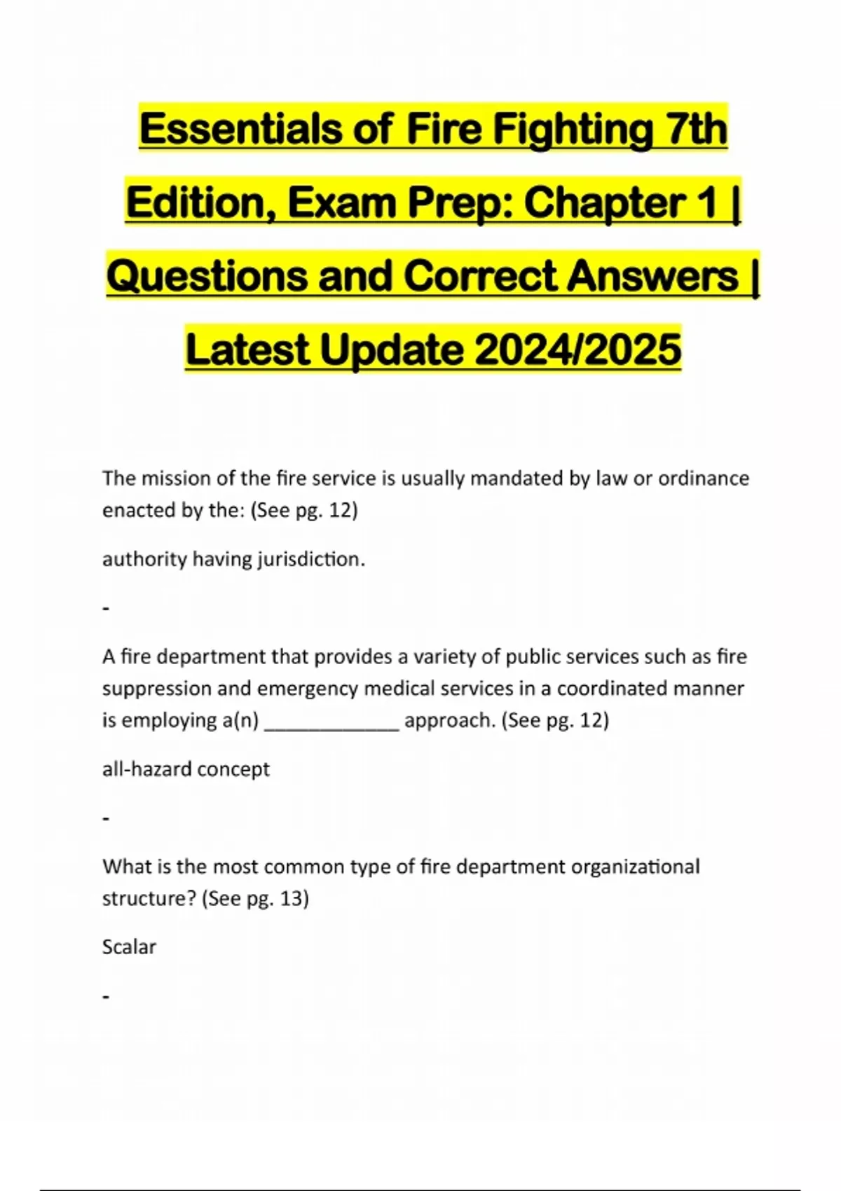 Essentials of Fire Fighting 7th Edition, Exam Prep: Chapter 1 | Questions and Correct Answers ...