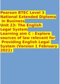 Pearson BTEC Level 3 National Extended Diploma in Business Unit 23: The English Legal System Learning aim C : Explore sources of law relevant for Providing English Legal System (Version 1 February 2022)