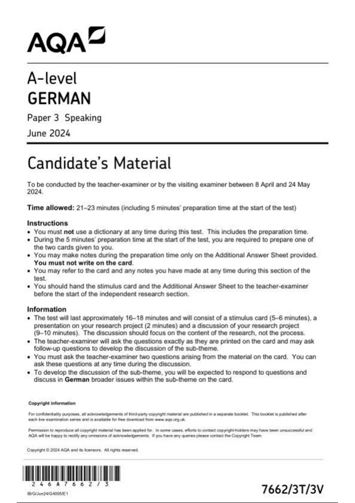 AQA A-level GERMAN 7662/2 Paper 2 Writing question paper june 2024 ...