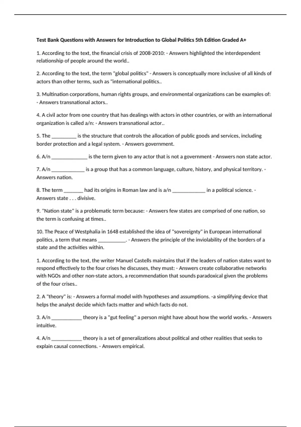Test Bank Questions with Answers for Introduction to Global Politics ...