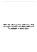 HRD 3702 - Management Of Training And Development (HRD3702) ASSIGNMENT 1 SEMESTER 01 YEAR 2022, UNISA