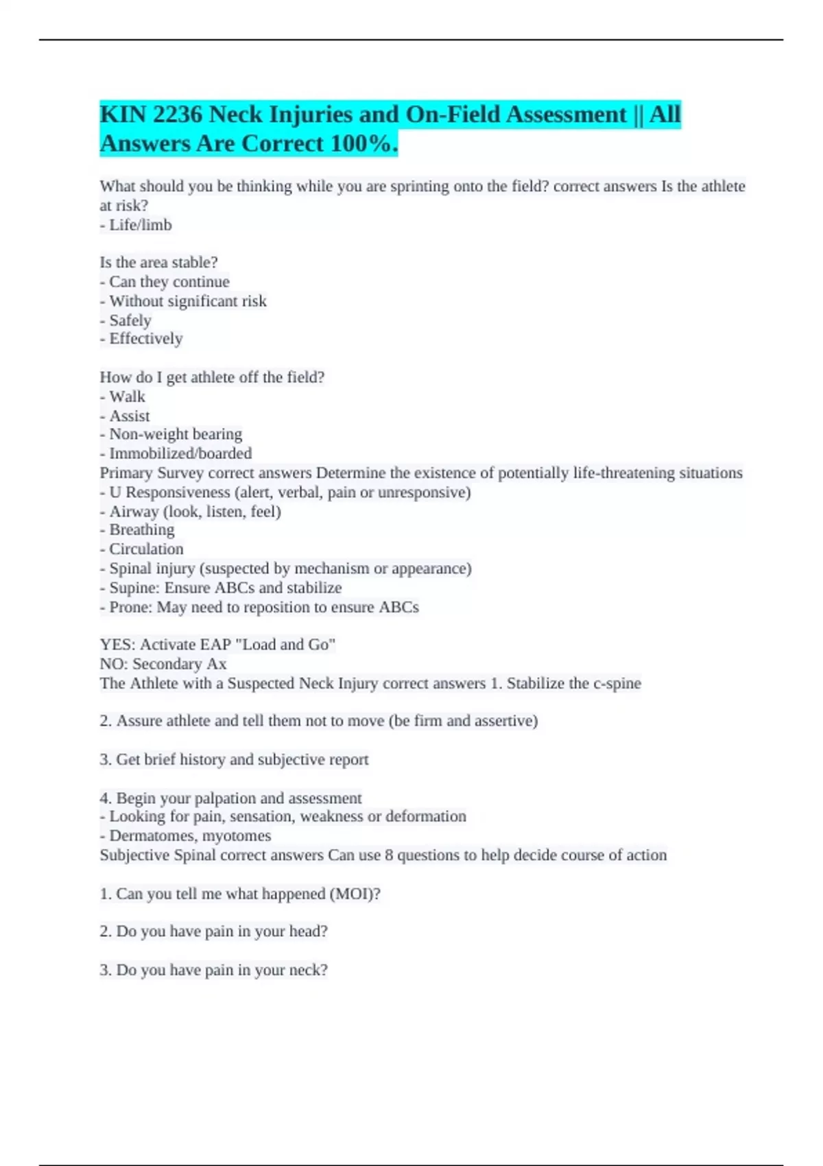KIN 2236 Neck Injuries and On-Field Assessment || All Answers Are ...
