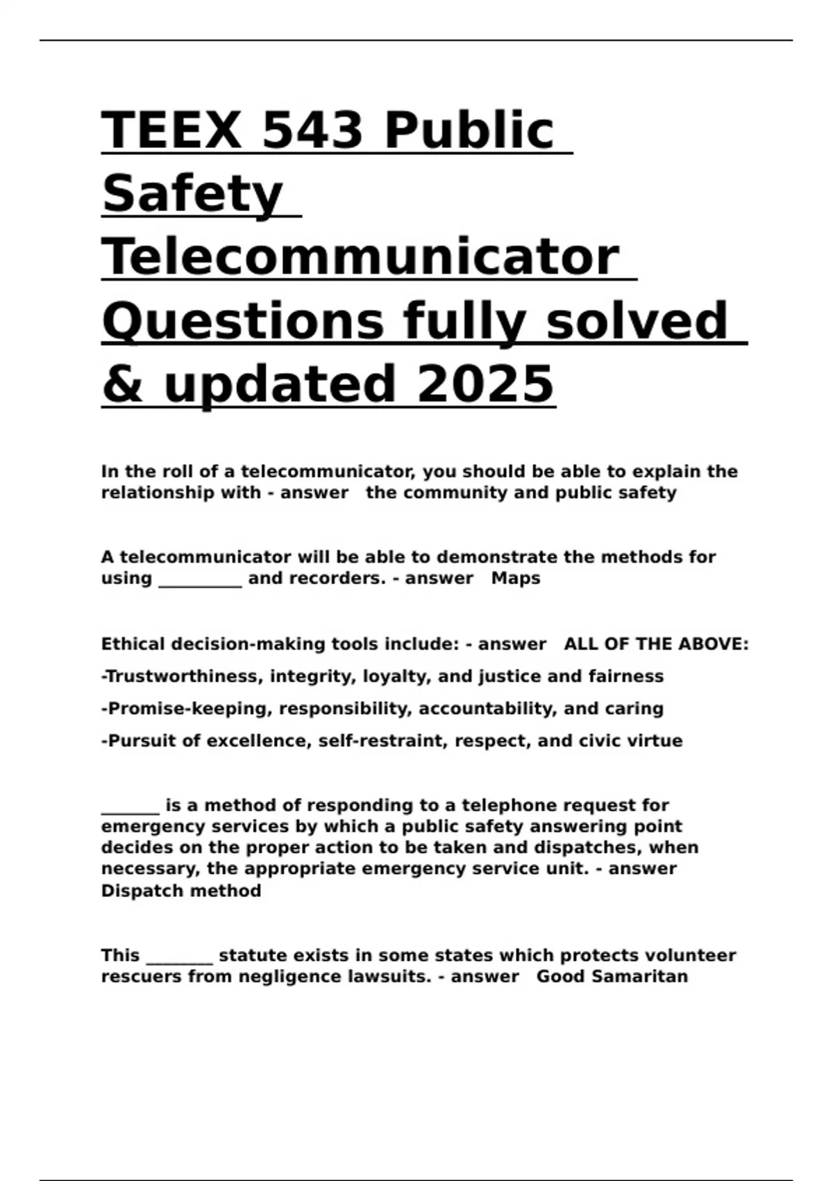 TEEX 543 Public Safety Telecommunicator Questions fully solved ...
