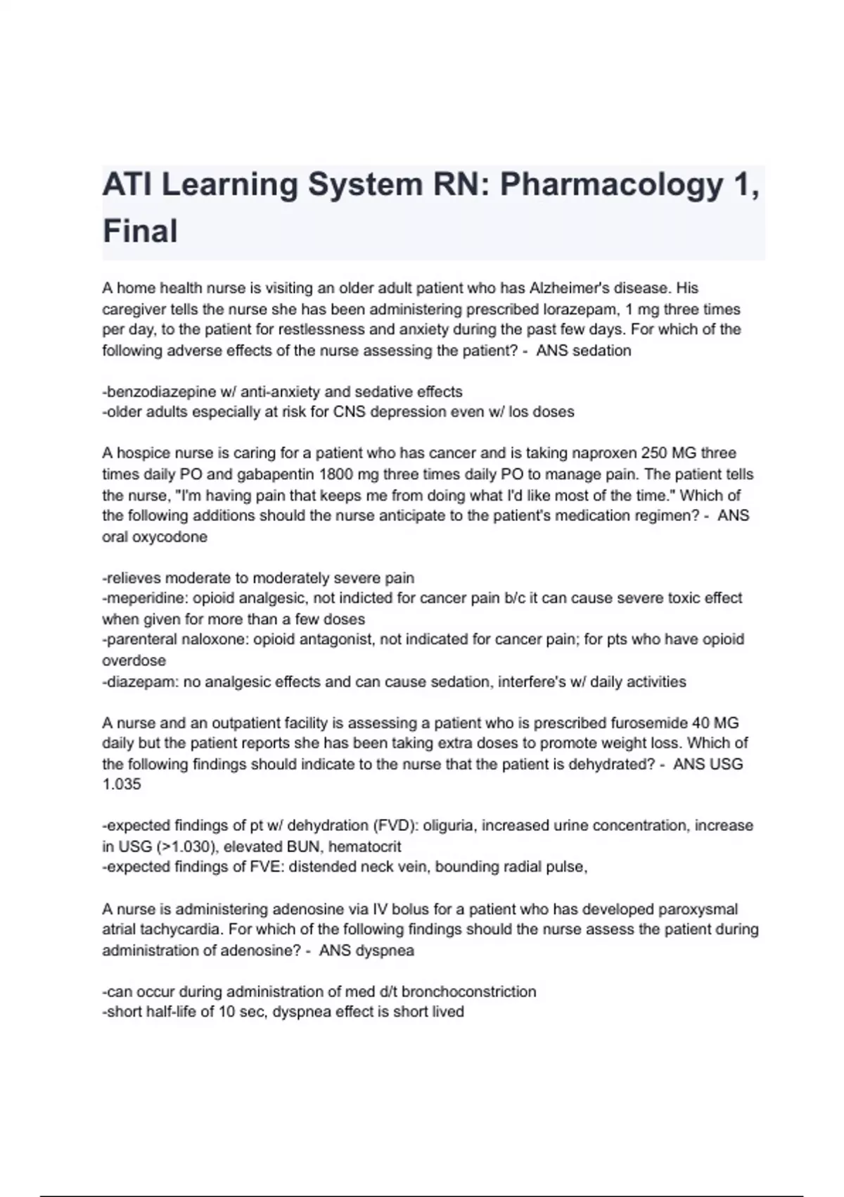 Ati Learning System Rn Pharmacology 1 Final Exam Questions And