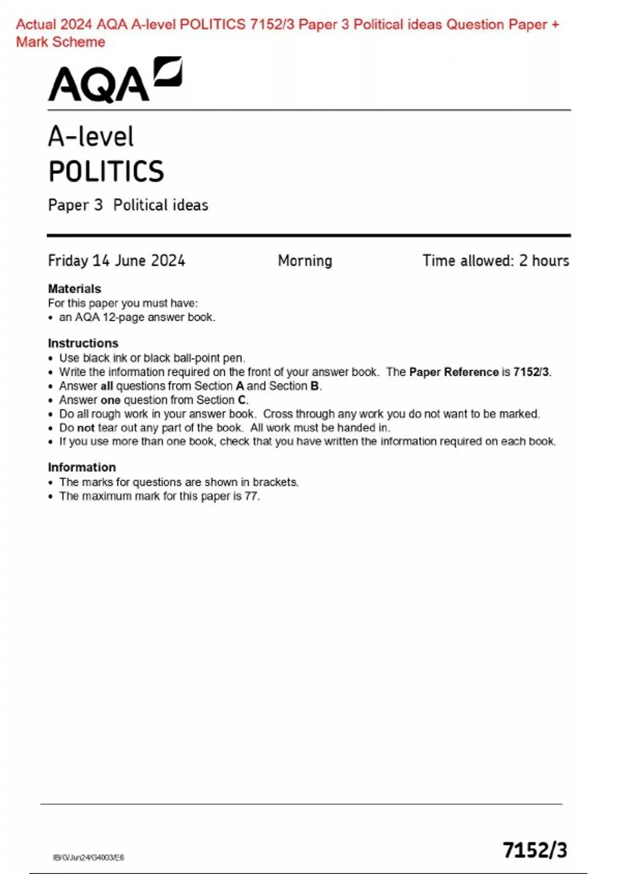 Actual 2024 AQA Alevel POLITICS 7152/3 Paper 3 Political ideas Merged