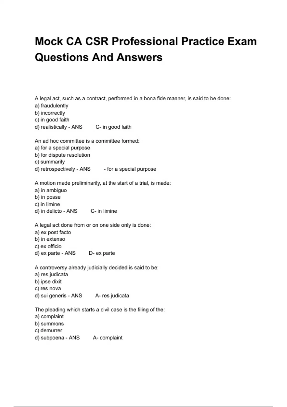 Mock CA CSR Professional Practice Exam Questions And Answers - CA CSR ...