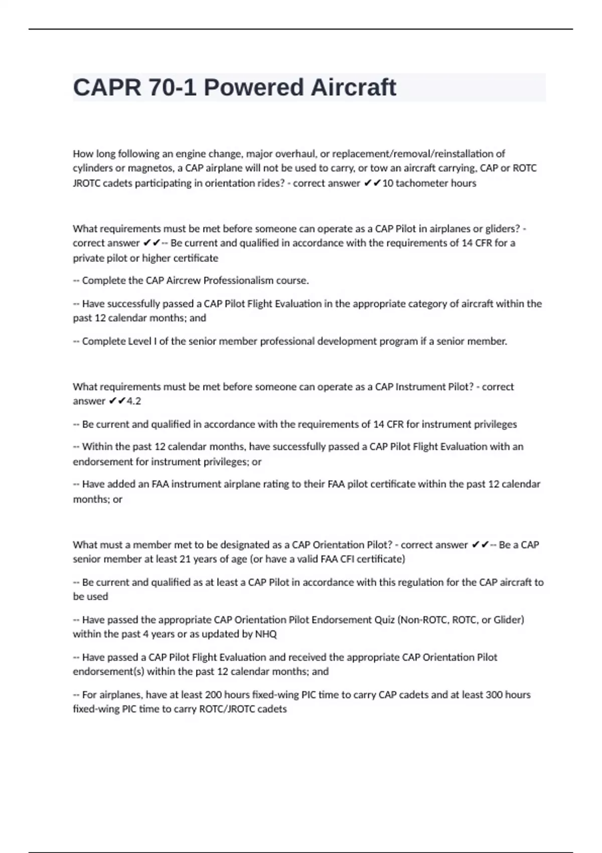 Capr Sample CAPR 70-1 Powered Aircraft correctly answered to pass - CAPR - Stuvia US