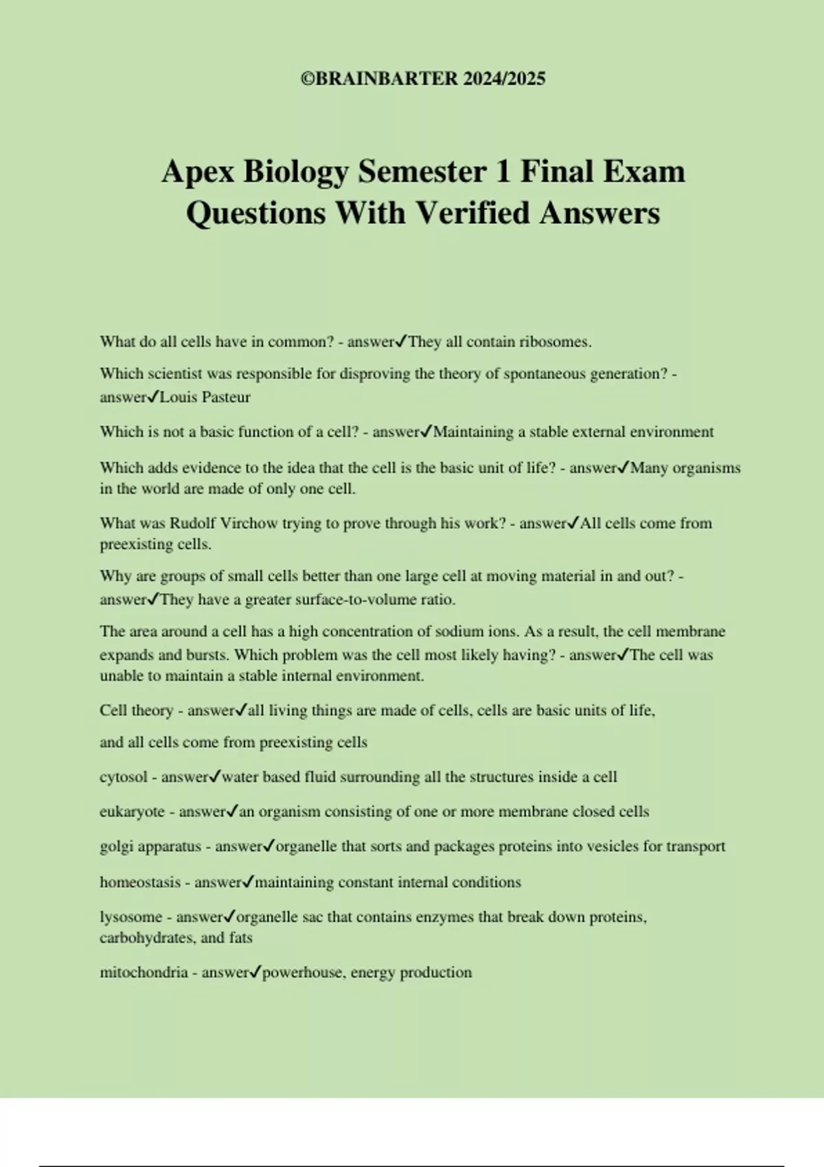 Apex Biology Semester 1 Final Exam Questions With Verified Answers ...