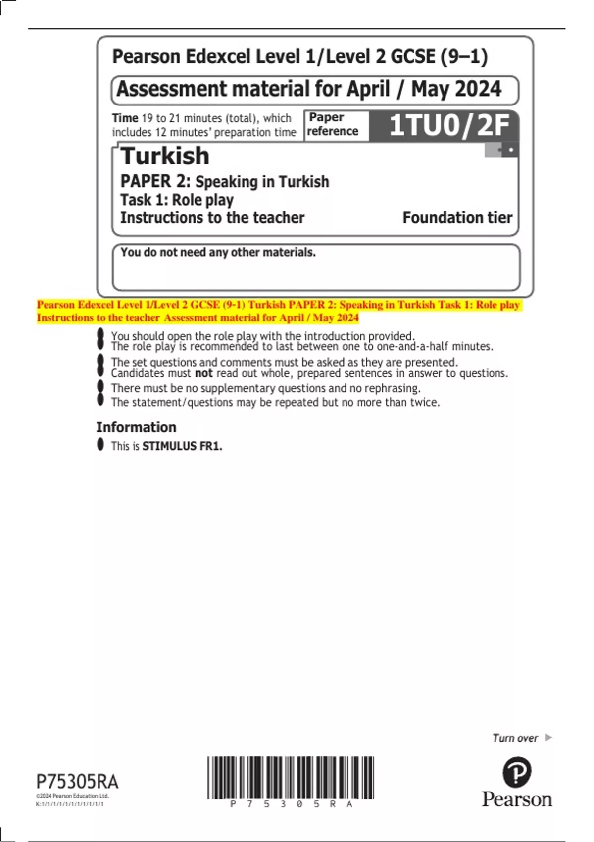 Pearson Edexcel Level 1/Level 2 GCSE (9–1) Turkish PAPER 2: Speaking in ...