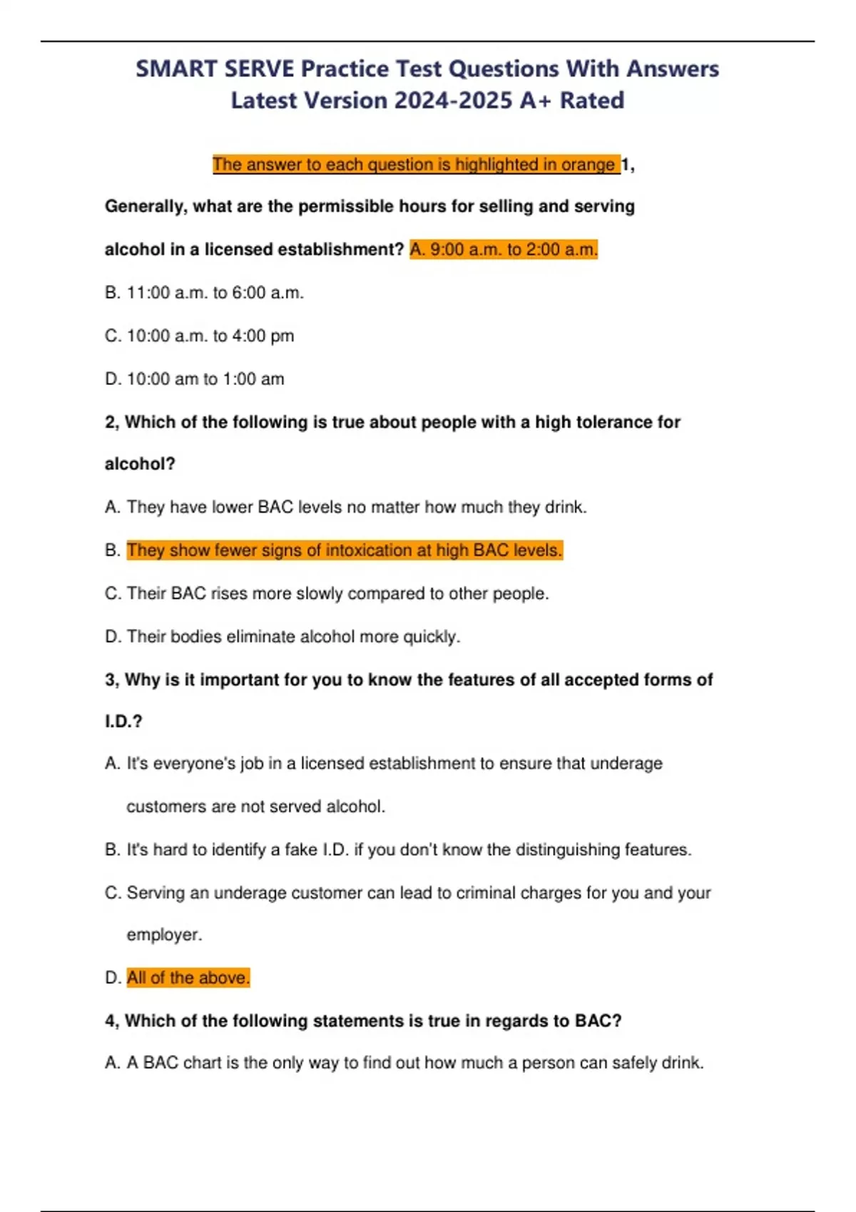 SMART SERVE Practice Test Questions With Answers Latest Version A+