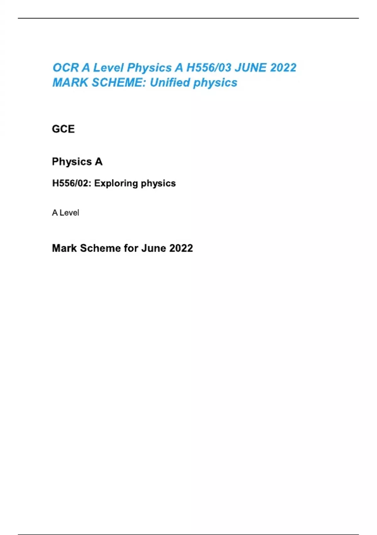 OCR A Level Physics A H556, 03 JUNE 2023 MARK SCHEME Unified physics ...