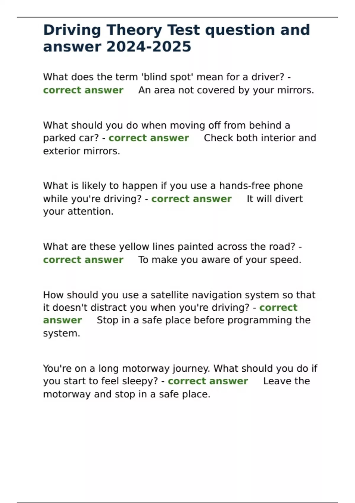 Driving Theory Test Question And Answer Driving Logistics Stuvia US