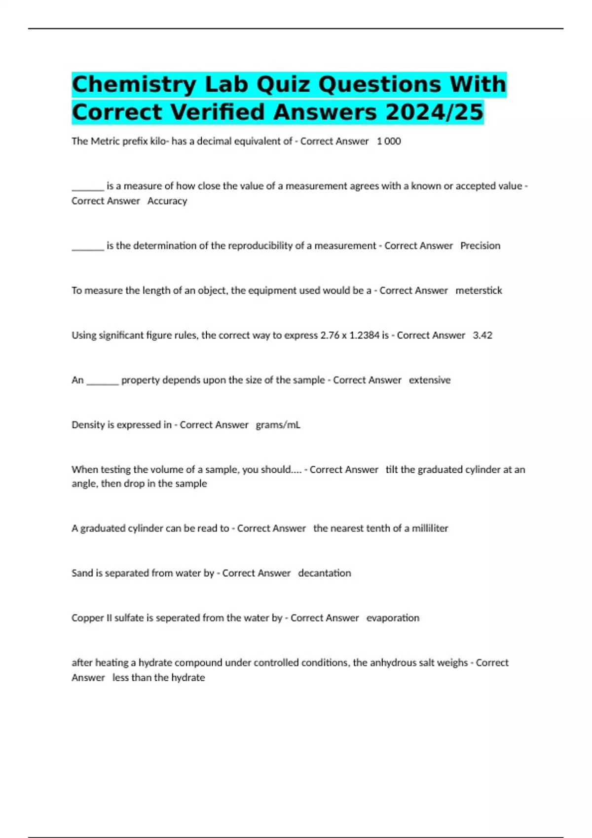 Chem Lab Questions Chemistry Lab Quiz Questions With Correct Verified Answers 2024/25 ...