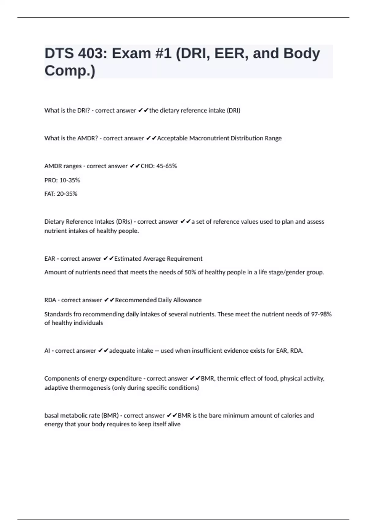 DTS 403: Exam #1 (DRI, EER, and Body Comp.) questions well answered to ...