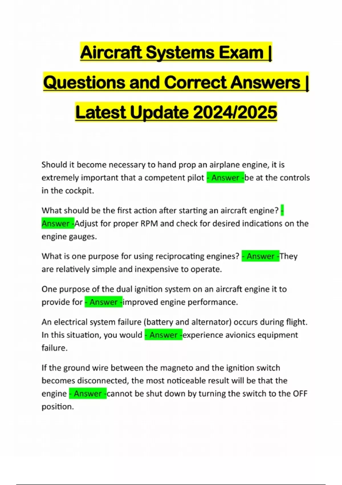 Aircraft Systems Exam | Questions and Correct Answers | Latest Update ...