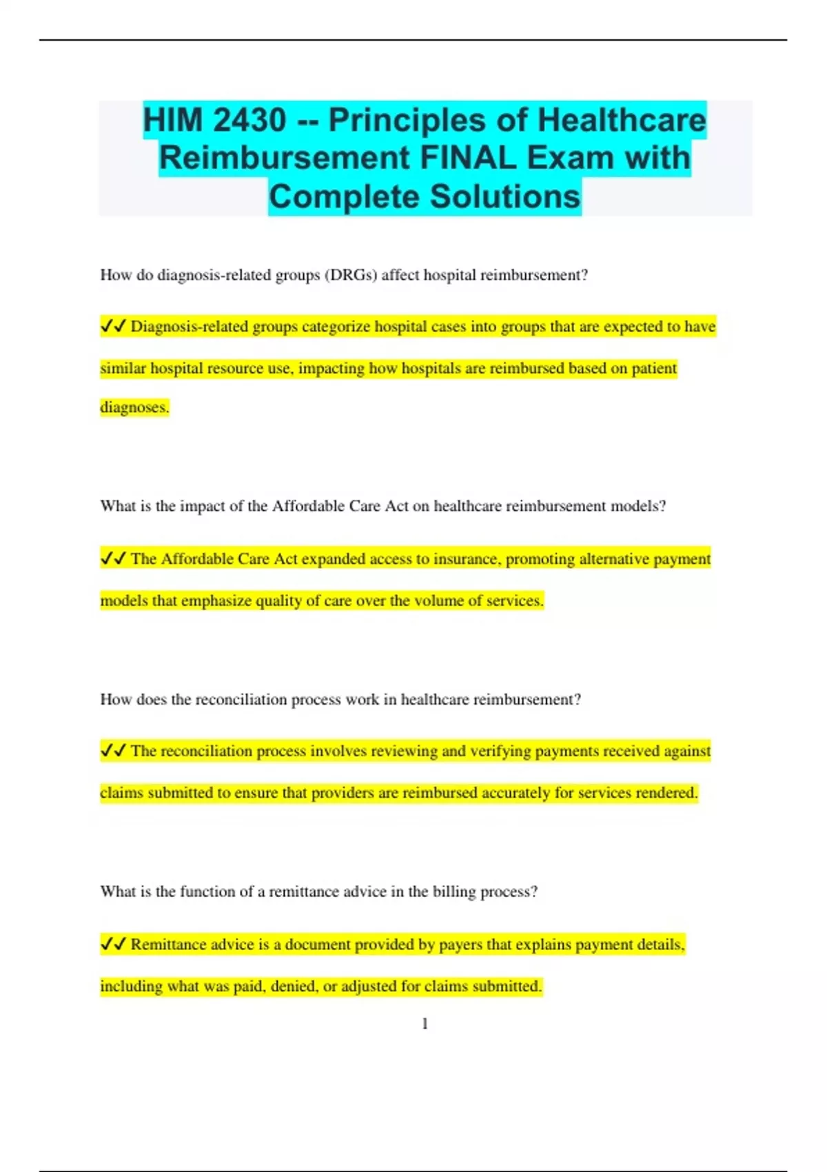 HIM 2430 -- Principles of Healthcare Reimbursement FINAL Exam with ...