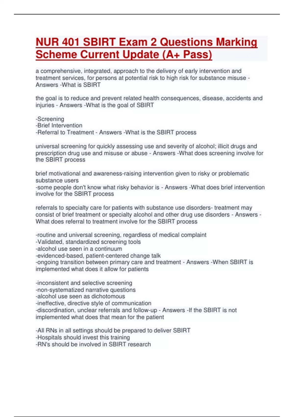 NUR 401 SBIRT Exam 2 Questions Marking Scheme Current Update (A+ Pass ...