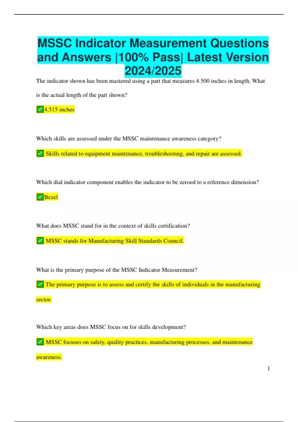 MSSC Indicator Measurement Questions and Answers 100 Pass Latest Version 2024/2025 MSSC