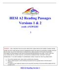 HESI A2 Reading Comprehension Passages Versions 1 & 2 WITH ANSWERS {LATEST UPDATE}