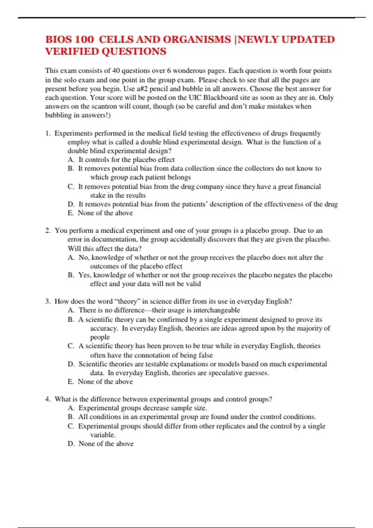 BIOS 100 CELLS AND ORGANISMS |NEWLY UPDATED VERIFIED QUESTIONS - BIO ...