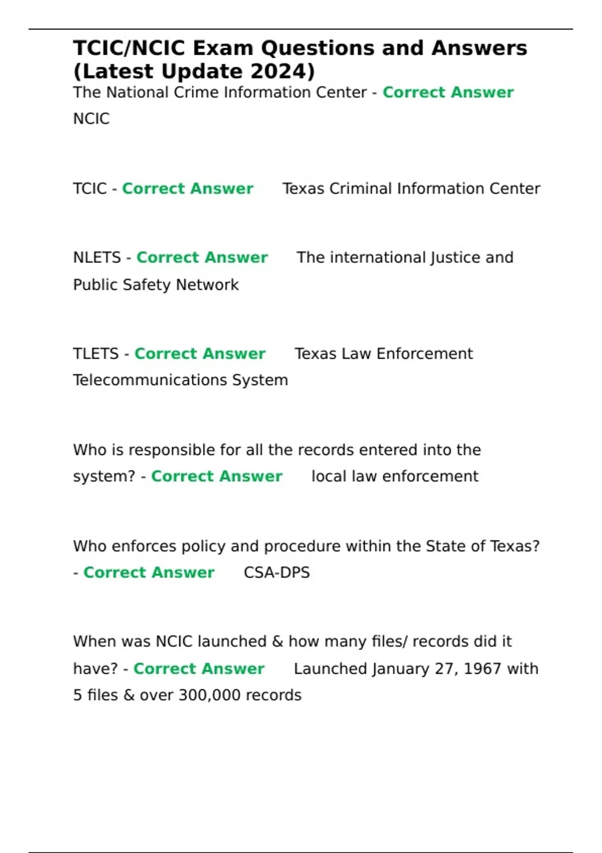 TCIC/NCIC Exam Questions and Answers (Latest Update 2024) TCIC/NCIC