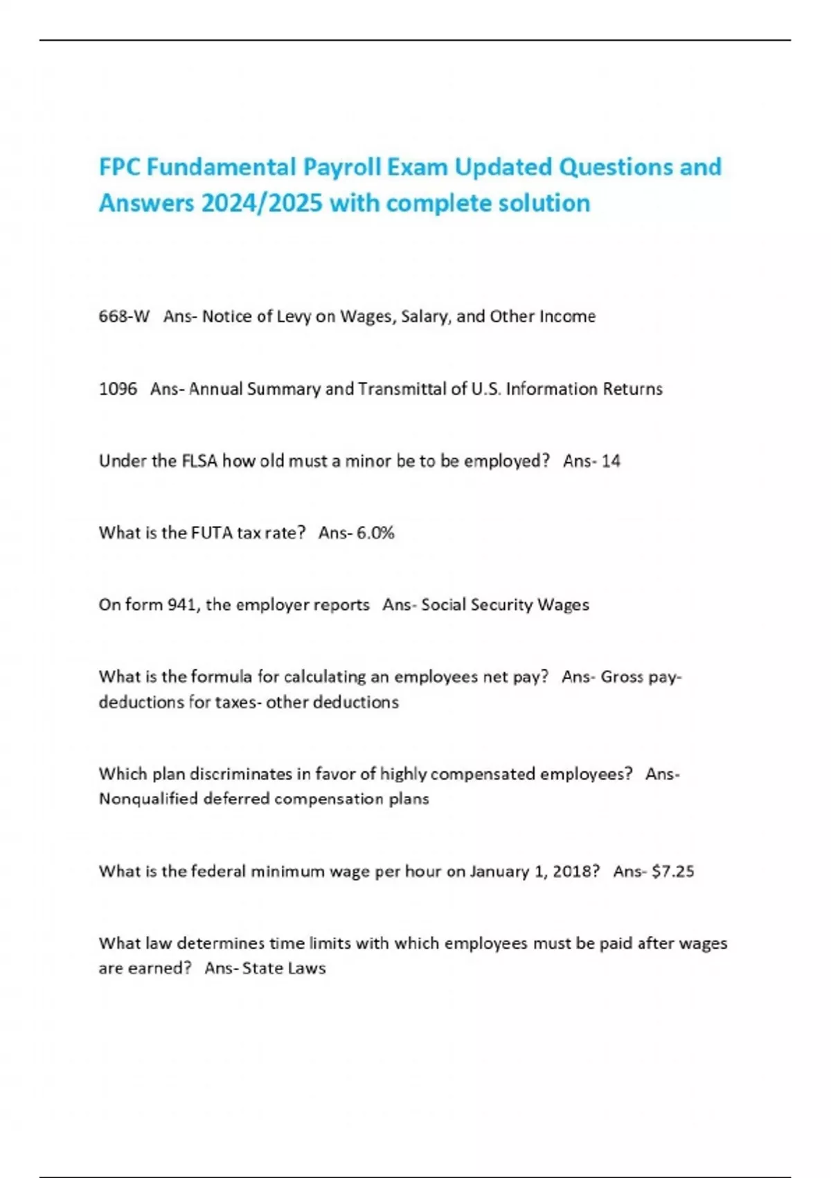 FPC Fundamental Payroll Exam Updated Questions and Answers 2024/2025 ...