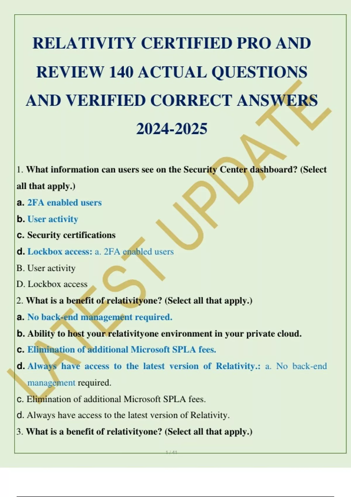 Relativity Certification RELATIVITY CERTIFIED PRO AND REVIEW 140 ACTUAL QUESTIONS AND VERIFIED ...