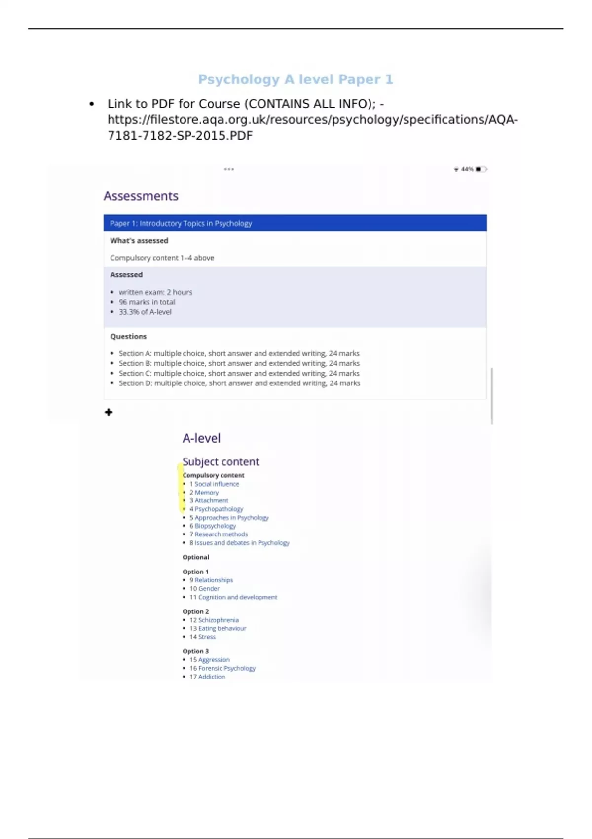 AQA Psychology A Level Complete Notes for Paper 1 - Paper 1 (7182 ...