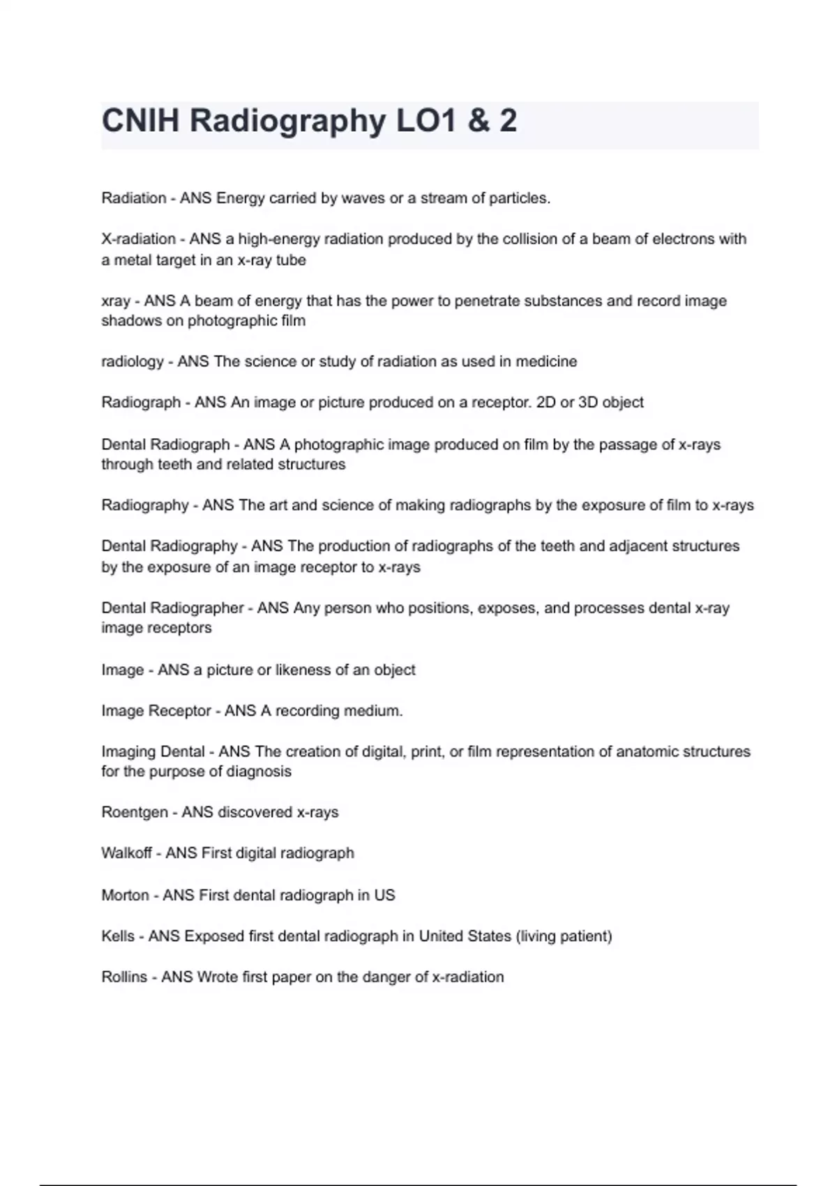 CNIH Radiography LO1 & 2 Exam 2024/2025 Questions With Completed ...