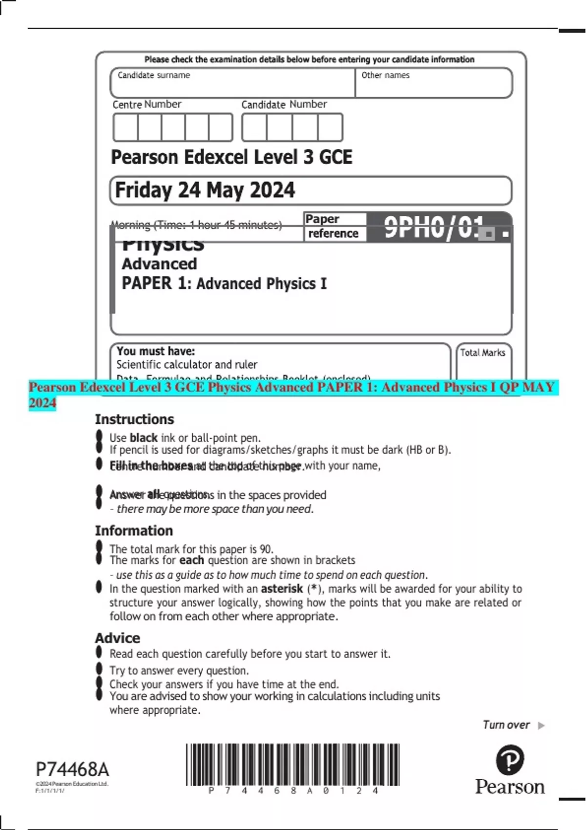 Pearson Edexcel Level 3 GCE Physics Advanced PAPER 1: Advanced Physics ...