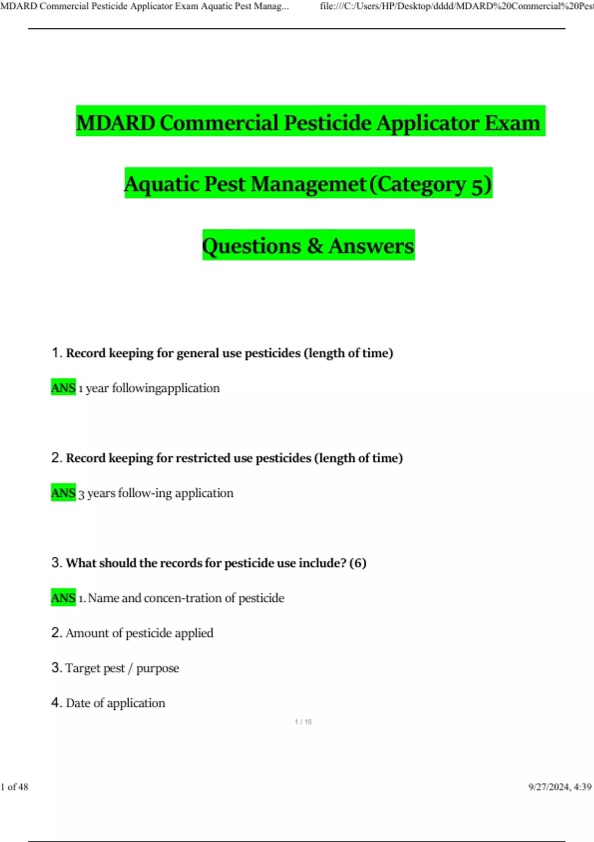 MDARD Commercial Pesticide Applicator Exam Aquatic Pest Management