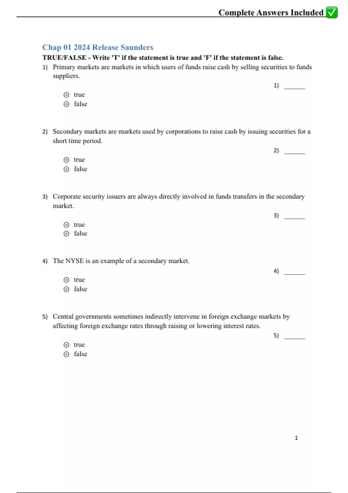 Test Bank for Financial Markets and Institutions: 2024 Release by ...