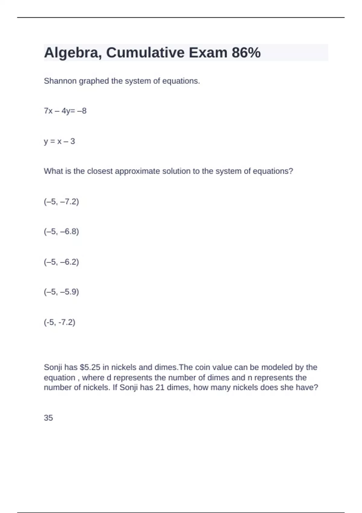Algebra Questions with complete solution 2024/2025 - ACCT - Stuvia US