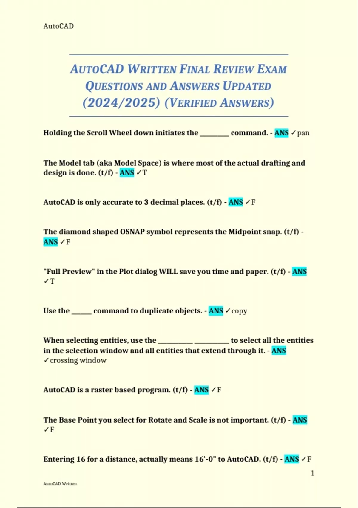 AutoCAD Written Final Review Exam (2024–2025): Updated Questions and ...