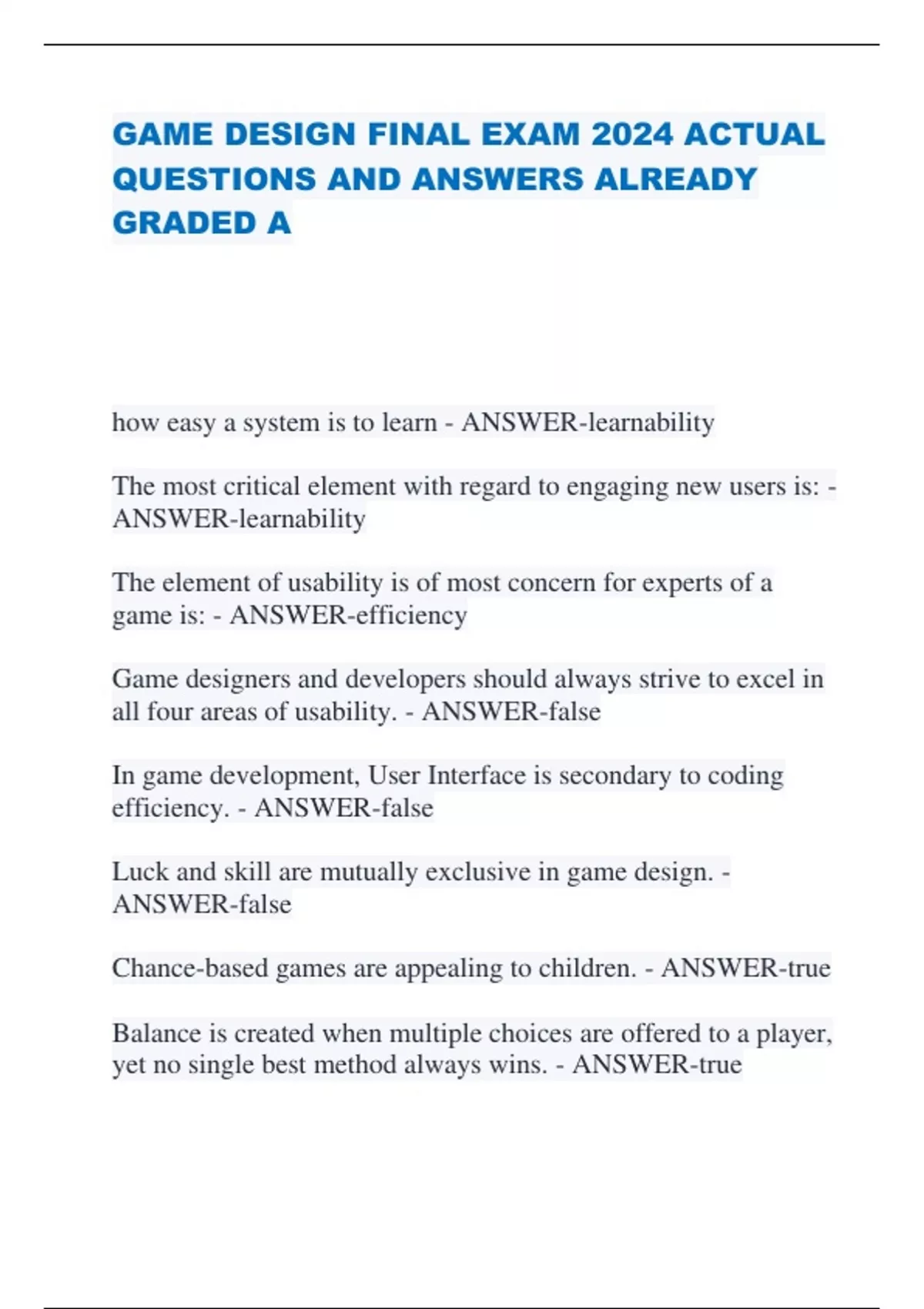 GAME DESIGN FINAL EXAM 2024 ACTUAL QUESTIONS AND ANSWERS ALREADY GRADED ...