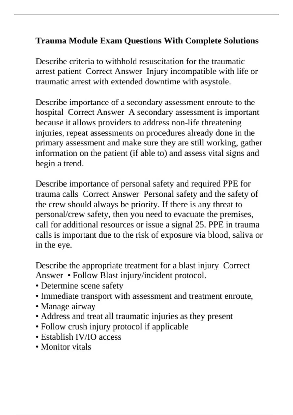 Trauma Module Exam Questions With Complete Solutions - TCAR - Stuvia US