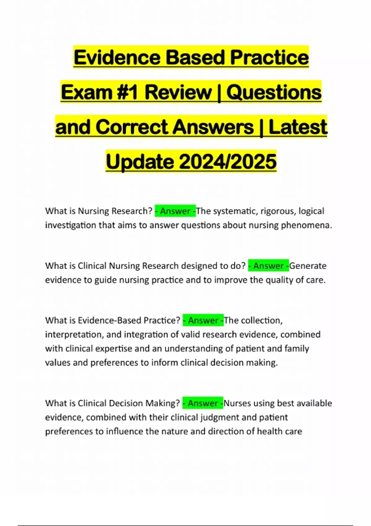 Evidence Based Practice Exam #1 Review | Questions and Correct Answers ...