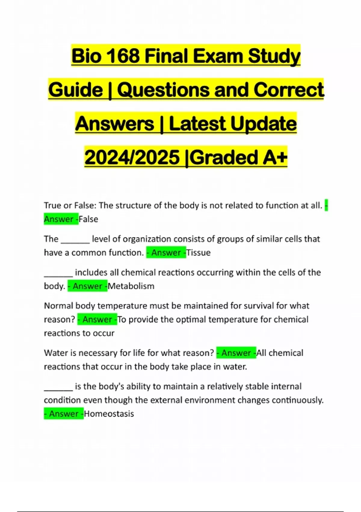 module 2lab study objectives - lab study objectives... Bio 168 Final Exam Study Guide | Questions and Correct Answers | Latest ...