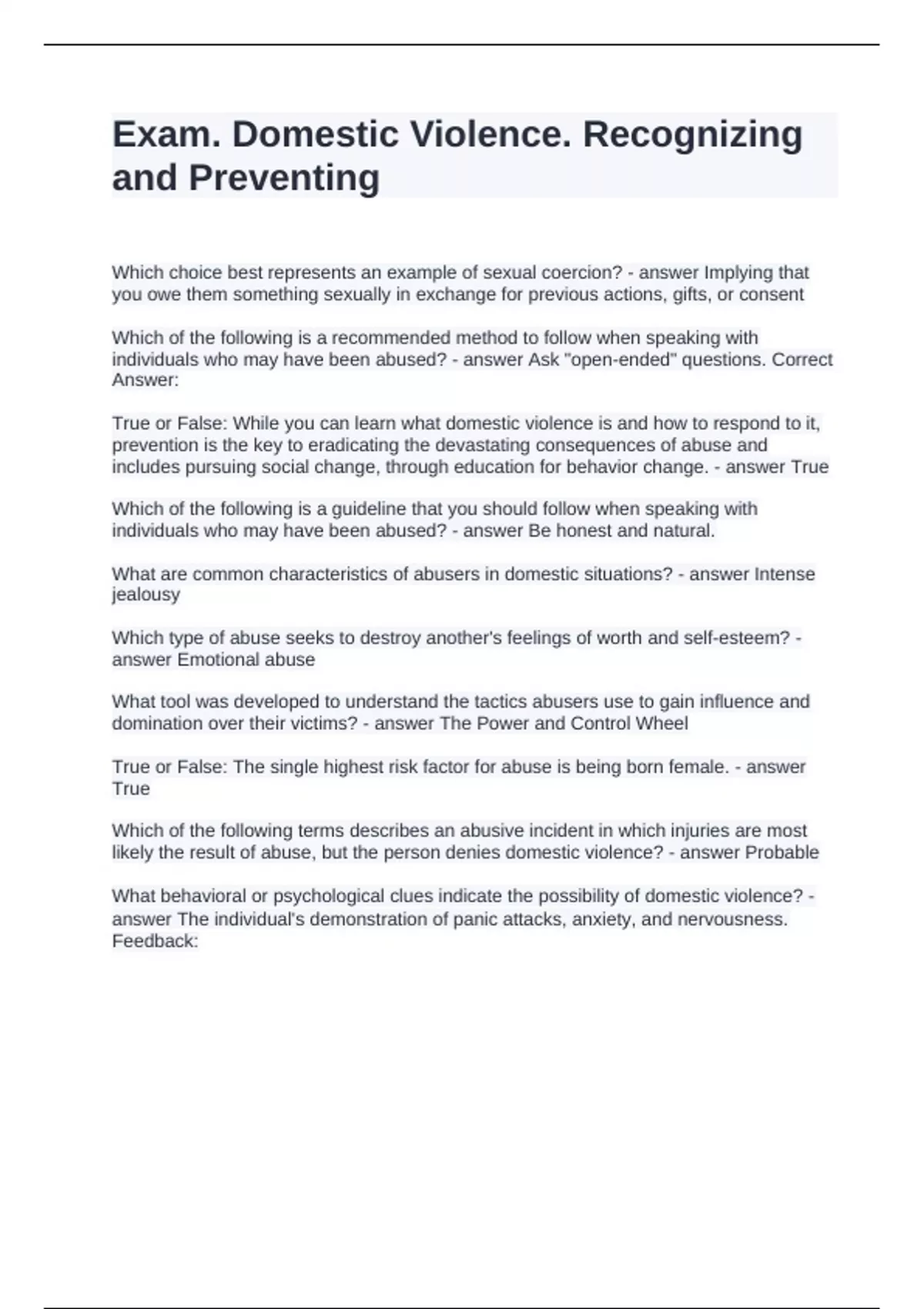 Exam. Domestic Violence. Recognizing and Preventing Questions and ...